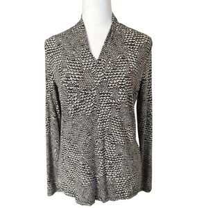 Talbots High Collar‎ V-Neck Top Blouse Medium Brown Beige Snake Print Siren Work